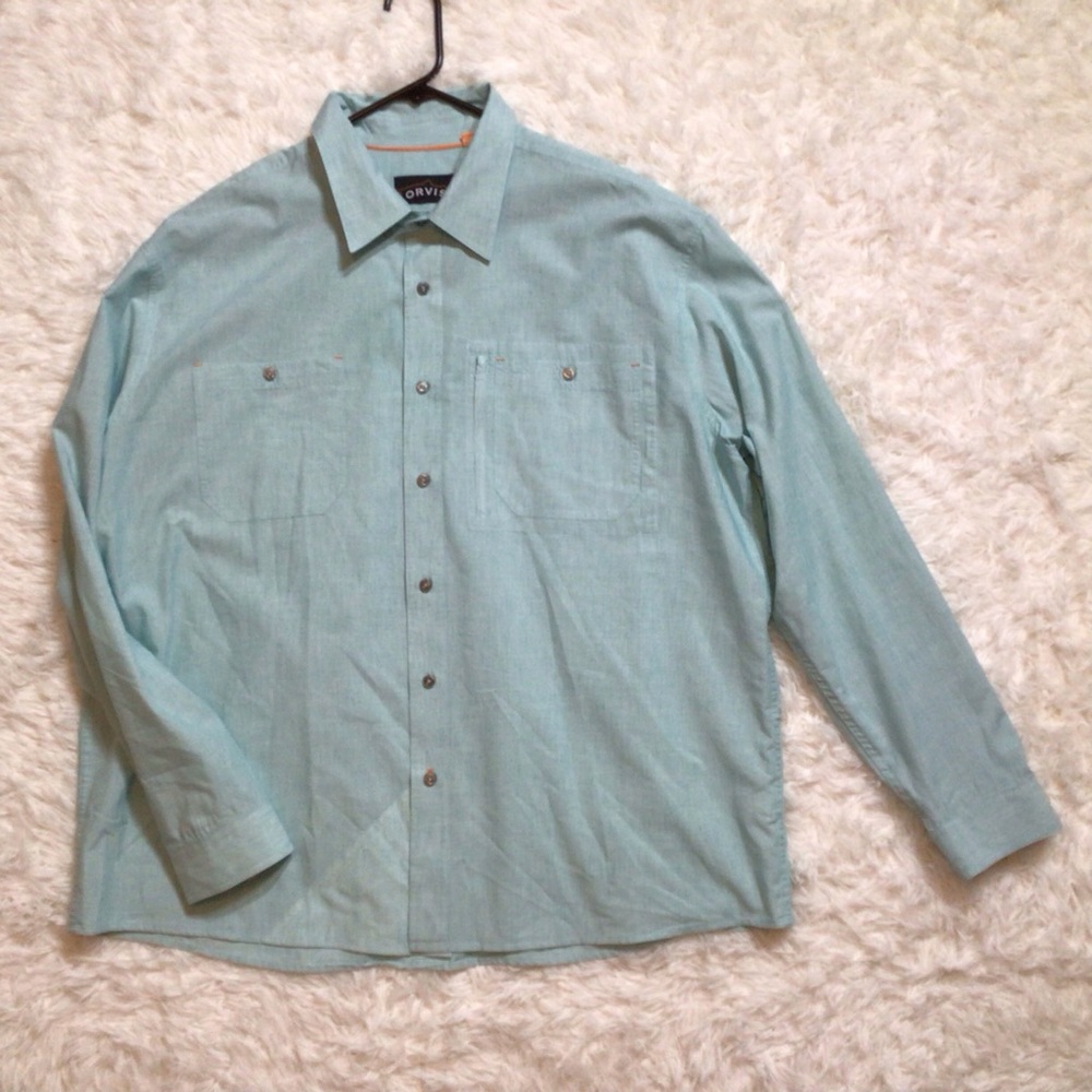 ORVIS XXL Linen Button Down Shirt Coastal Tidal Green Blue Work Church Big Tall